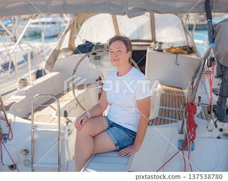 Adult Woman Enjoying Sunny Day On Yacht Finike Marina Turkey 137538780
