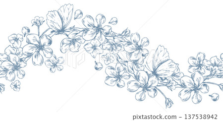 A wave pattern of apple tree branches with flowers and butterflies. A hand-drawn ink graphic illustration in a line art style. A long seamless border for weddings and romantic occasions. A wave pattern of apple tree branches with flowers and butterflies. A hand-drawn ink graphic illustration in a line art style. A long seamless border for weddings and romantic occasions. 137538942