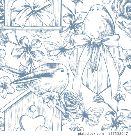 A wooden birdhouse and heart with bows, birds, and apple blossoms. A hand-drawn ink graphic illustration in a line art style. A seamless pattern for wedding and holiday decor. A wooden birdhouse and heart with bows, birds, and apple blossoms. A hand-drawn ink graphic illustration in a line art style. A seamless pattern for wedding and holiday decor. 137538947