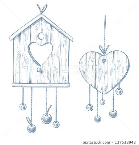 A wooden birdhouse and heart with beads hanging on strings. A hand-drawn ink graphic illustration in a line art style. A set of decorative elements for romantic holidays and weddings. 137538948