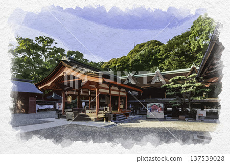 Watercolor painting of Sumiyoshi Shrine, worship hall, Shimonoseki City, Yamaguchi Prefecture 137539028