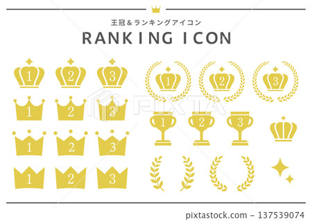 Ranking icon set including gold crown, trophy, laurel and glitter 137539074