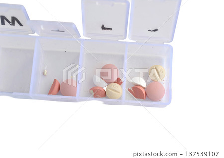 A pillbox or container designed to organize and store medications 137539107