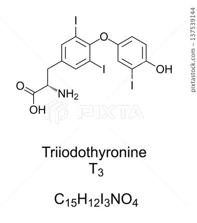 Triiodothyronine, T3, thyroid hormone, chemical formula. Affects almost every physiological process in the body, including growth and development, metabolism, body temperature, and heart rate. Vector 137539144