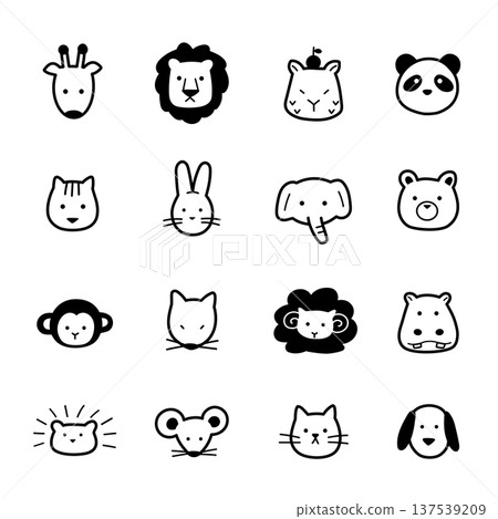 手繪動物扁平可愛線條畫臉部圖標 手繪動物扁平可愛線條畫臉部圖標 137539209
