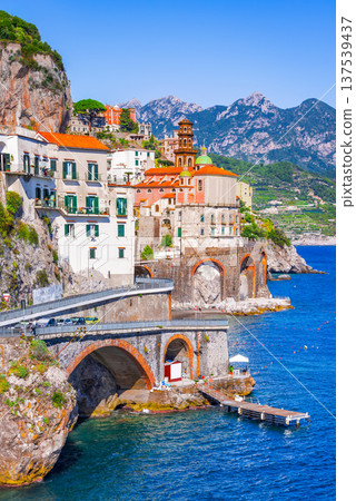 Atrani, Italy. Small town on Amalfi coastline, Mediterranean Sea. Atrani, Italy. Small town on Amalfi coastline, Mediterranean Sea. 137539437