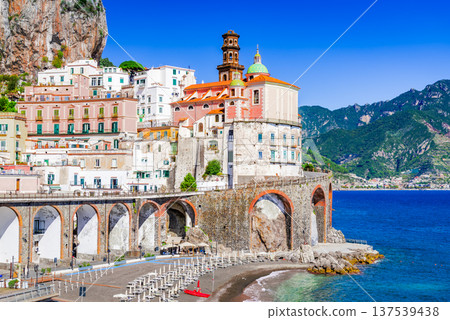 Amalfi, Italy. Atrani, small town on Tyrrhenian Sea coastline, Amalfitana region. Amalfi, Italy. Atrani, small town on Tyrrhenian Sea coastline, Amalfitana region. 137539438