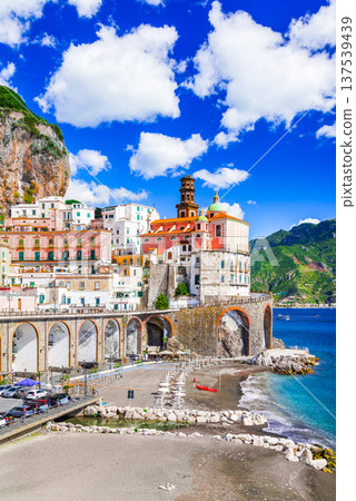 Amalfi, Italy. Atrani, small town on Tyrrhenian Sea coastline, Amalfitana region. 137539439