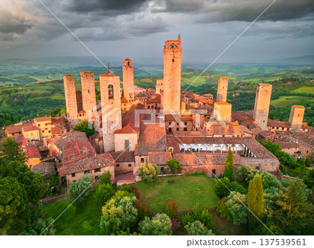 San Gimignano, Tuscany. Picturesque aerial sunset view of medieval city in Italy. 137539561