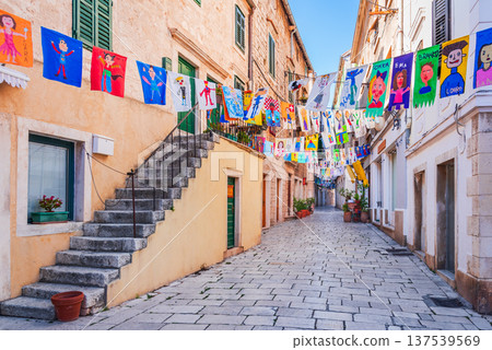 Sibenik. Croatia. Narrow old street and yard, Dalmatia coastline city. 137539569