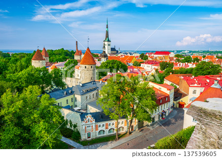 Walled Old Town center of Tallinn, Estonia along the Baltic Sea from the lookout point on Toompea Hill. Walled Old Town center of Tallinn, Estonia along the Baltic Sea from the lookout point on Toompea Hill. 137539605