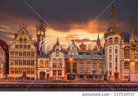 Ghent, Belgium. Graslei channel view, Leie River, Flanders. Ghent, Belgium. Graslei channel view, Leie River, Flanders. 137539737