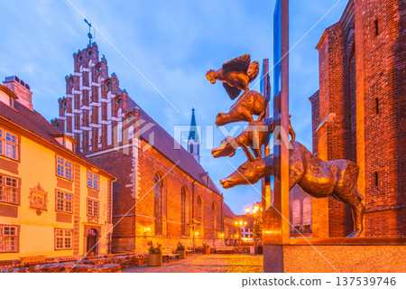 Riga, Latvia. Town Musicians of Bremen and St John Church Riga, Latvia. Town Musicians of Bremen and St John Church 137539746