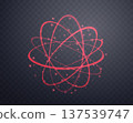 Atom particle, light effect glowing red magic rings. Neon realistic energy swirl. Abstract light effect on a dark transparent background. Vector illustration. 137539747