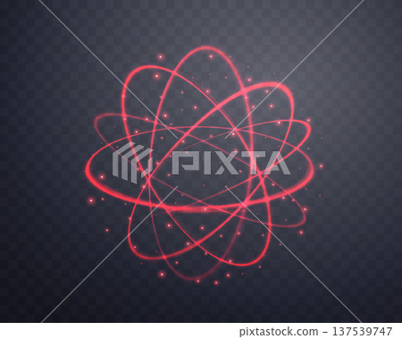 Atom particle, light effect glowing red magic rings. Neon realistic energy swirl. Abstract light effect on a dark transparent background. Vector illustration. Atom particle, light effect glowing red magic rings. Neon realistic energy swirl. Abstract light effect on a dark transparent background. Vector illustration. 137539747