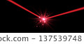 Red horizontal laser beam. Neon line, presentation pointer. Red glow flare light effect. Vector illustration. Isolated on dark background. 137539748