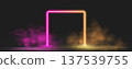 Neon ring with glowing pink and orange light effects, futuristic portal gateway, vibrant smoke and LED illumination. abstract vector frame composition. 137539755