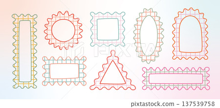 Pastel color wavy, zigzag edges shapes, figures. Groovy y2k squiggle frames with checkered pattern. Cute vector frameworks, rectangle, square. Pastel color wavy, zigzag edges shapes, figures. Groovy y2k squiggle frames with checkered pattern. Cute vector frameworks, rectangle, square. 137539758