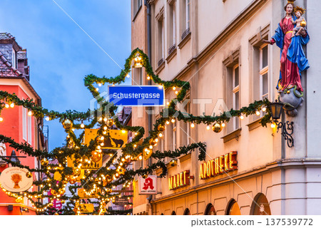 Wurzburg, Germany - Christmas Market featuring holiday lights, handcrafted gifts or mulled wine. 137539772