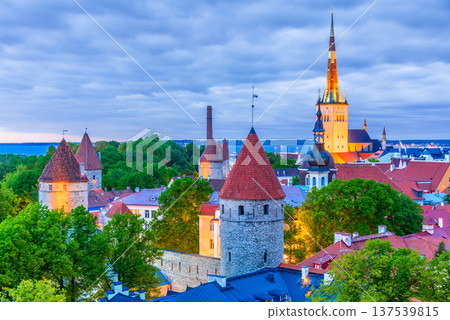 Walled Old Town center of Tallinn, Estonia along the Baltic Sea from the lookout point on Toompea Hill. Walled Old Town center of Tallinn, Estonia along the Baltic Sea from the lookout point on Toompea Hill. 137539815