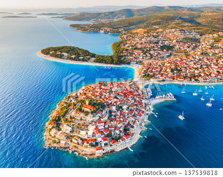 Primosten. Croatia. Aerial drone view of a charming small town at Adriatic Sea, Dalmatia 137539818
