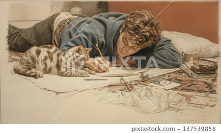 一張溫馨房間的插圖，房間裡有一隻貓。 137539858