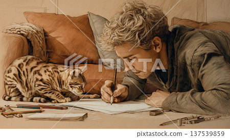 一張溫馨房間的插圖，房間裡有一隻貓。 137539859