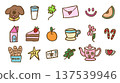 Hand drawn emoji vectors including puppy face, milk glass, clover leaf, love envelope, melon, home, cake, orange, coffee cup, flower, candy cane, bread loaf, star, letter, green leaf, tea pot, heart 137539946
