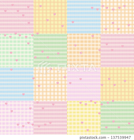Various pastel background colours with heart and checked pattern for wallpaper, backdrop, ad template, poster, postcard, sticky note, plaid fabric print, textile, garment, clothes, Valentine's Day 137539947