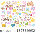 Cute hand drawn vector illustrations of cat, teddy bear, puppy, heart, cupcake, candy cane, rainbow, fried egg, flower, star, beer glass, butterfly, coffee mug, clover leaf, hot tea for decoration 137539952