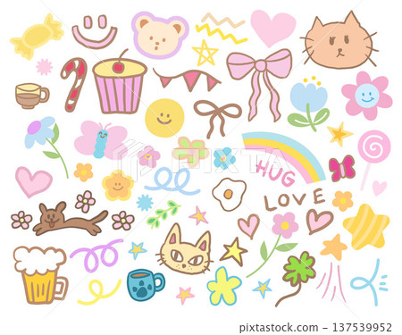 Cute hand drawn vector illustrations of cat, teddy bear, puppy, heart, cupcake, candy cane, rainbow, fried egg, flower, star, beer glass, butterfly, coffee mug, clover leaf, hot tea for decoration 137539952