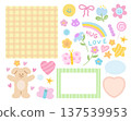 Cute pastel illustrations with puppy, butterfly, rainbow, flowers, frame, heart, star, plaid pattern background for animal, stickers, nature, garden, floral print, cartoon characters, pet shop, vet 137539953