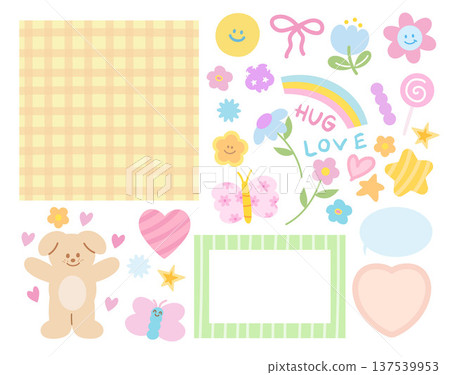 Cute pastel illustrations with puppy, butterfly, rainbow, flowers, frame, heart, star, plaid pattern background for animal, stickers, nature, garden, floral print, cartoon characters, pet shop, vet 137539953