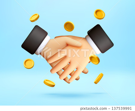 3D Businessman handshake with falling gold coins. 3D Businessman handshake with falling gold coins. 137539991