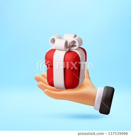 3d hand holding red gift box with white ribbon 137539996