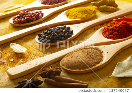 various spices in wooden spoons 137540057