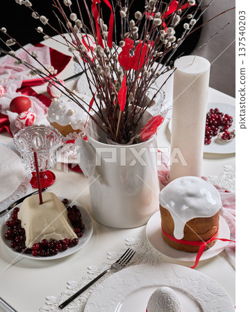 Elegant spring brunch. Decorative arrangement for festive spring meal Elegant spring brunch. Decorative arrangement for festive spring meal 137540203