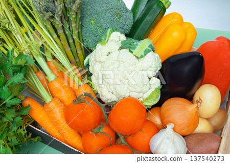 Closeup of assorted fresh vegetables including tomatoes, cauliflower, onions, garlic, carrots, eggplant and potatoes,broccoli. Closeup of assorted fresh vegetables including tomatoes, cauliflower, onions, garlic, carrots, eggplant and potatoes,broccoli. 137540273