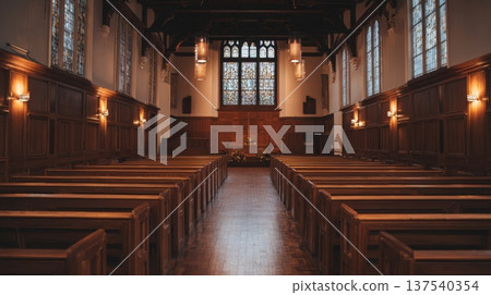 Empty wooden church interior with stained glass and altar lighting 137540354