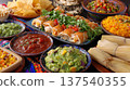 Mexican feast: delicious tacos, salsa, guacamole, rice, and chips on vibrant table 137540355