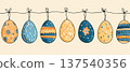 Festive string of colorful easter eggs with unique patterns 137540356