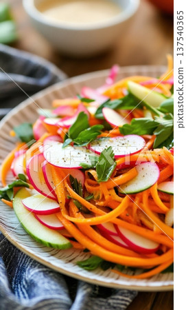 Fresh vibrant vegetable salad with apples and radishes on a wooden plate 137540365