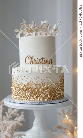 Elegant white and gold two-tier cake with floral topper. National Christina Day Elegant white and gold two-tier cake with floral topper. National Christina Day 137540368