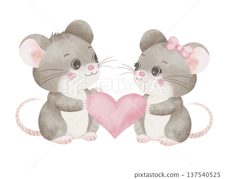 Cute gray mice look at each other, holding a large pink heart in their paws. Big eyes, pink bow. Watercolor illustration of romantic character pair for Valentine's Day cards, wedding invitations Cute gray mice look at each other, holding a large pink heart in their paws. Big eyes, pink bow. Watercolor illustration of romantic character pair for Valentine's Day cards, wedding invitations 137540525