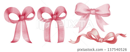 Watercolor pink satin and silk bows set, hand-drawn ribbon collection, isolated on white background. For gift packaging design, fashion branding, romantic stationery accessories 137540526