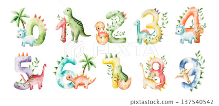Cute dinosaur number set. One, two, three, four, five, six, seven, eight, nine, zero with triceratops and palm. . Watercolor hand drawn prehistoric Spinosaurus, Brachiosaurus animal. Isolated 137540542