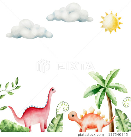 Cute frame with dinosaur in tropical leaves and palm tree. Watercolor hand drawn cloud, sun, prehistoric diplodocus, Brachiosaurus animal. Isolated illustration on transparent background. Perfect for 137540545