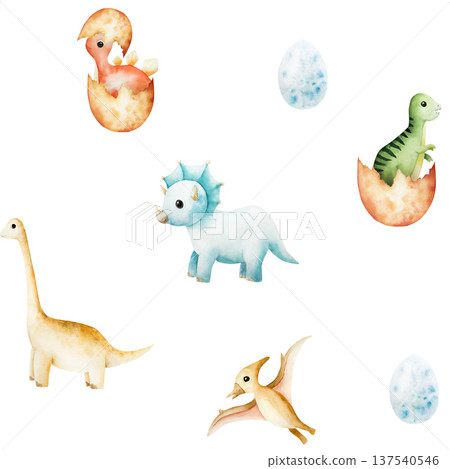 Cute dinosaur seamless pattern, dino hatched from an egg. Watercolor hand drawn prehistoric Tyrannosaurus Rex animal. Isolated illustration on transparent background. Perfect for for nursery and baby 137540546