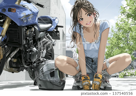 Illustration of a young woman smiling next to a parked motorcycle 137540556