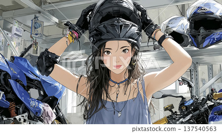 Young woman trying on a helmet at a motorcycle shop | Image of choosing motorcycle accessories 137540563